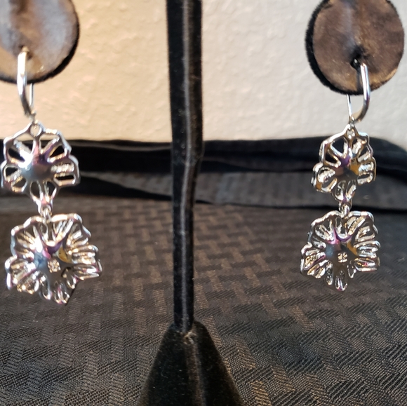 Vintage Givenchy Rhinestone Cut Out Flowers Dangle Earrings - Picture 4 of 12